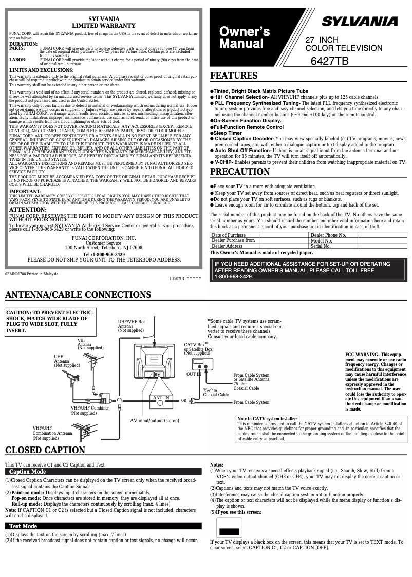 Page n°1 - Manuel utilisateur Sylvania 6427TB