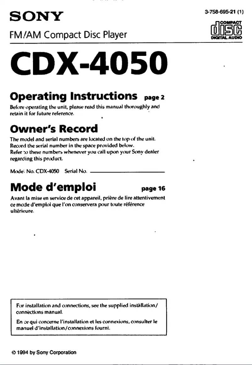Página 1 del manual Manual de usuario Sony CDX-4050