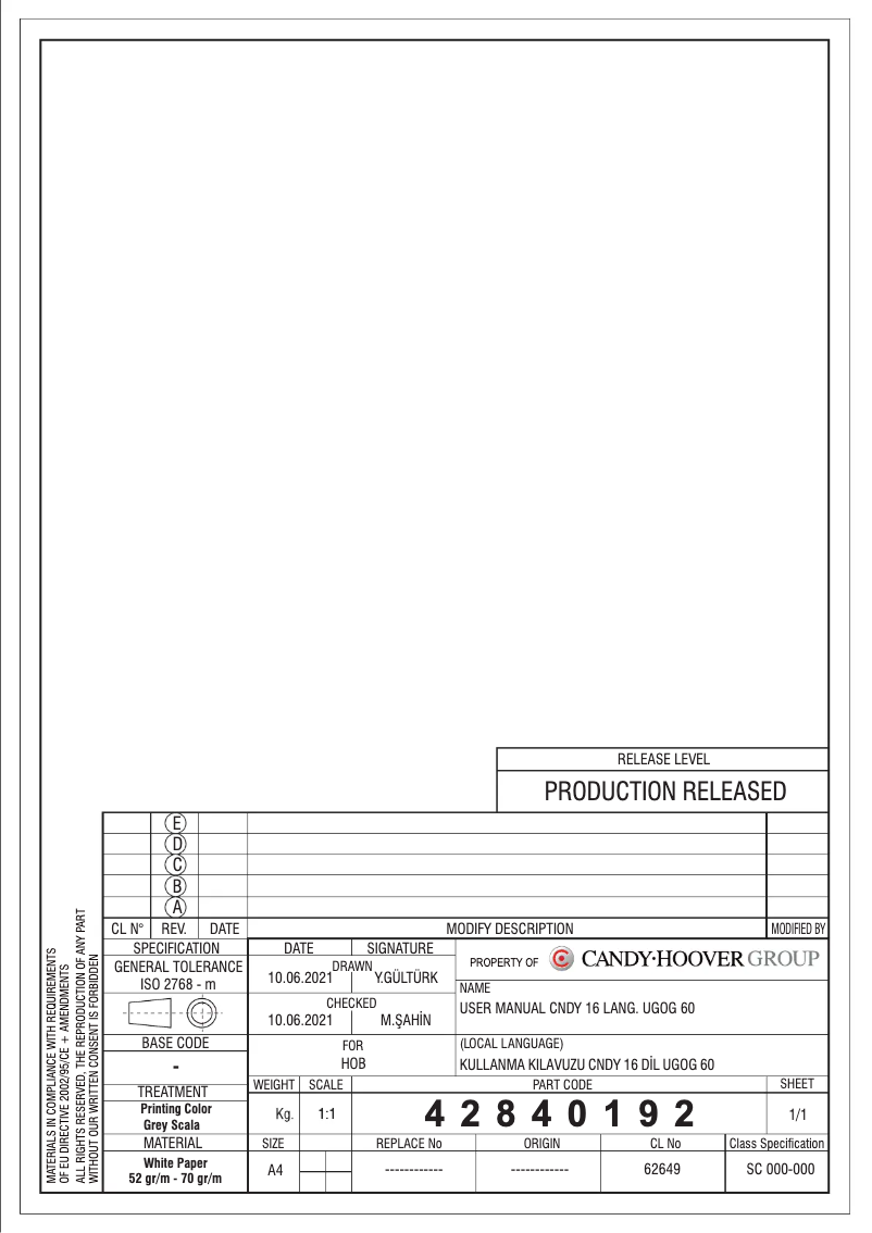 Page 1 de la notice Manuel utilisateur Candy CVG6B