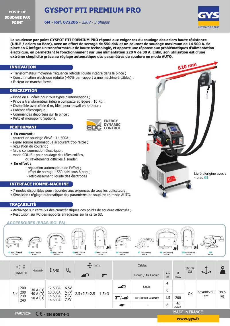 Page 1 de la notice Fiche technique GYS Gyspot PTI Premium PRO 220V