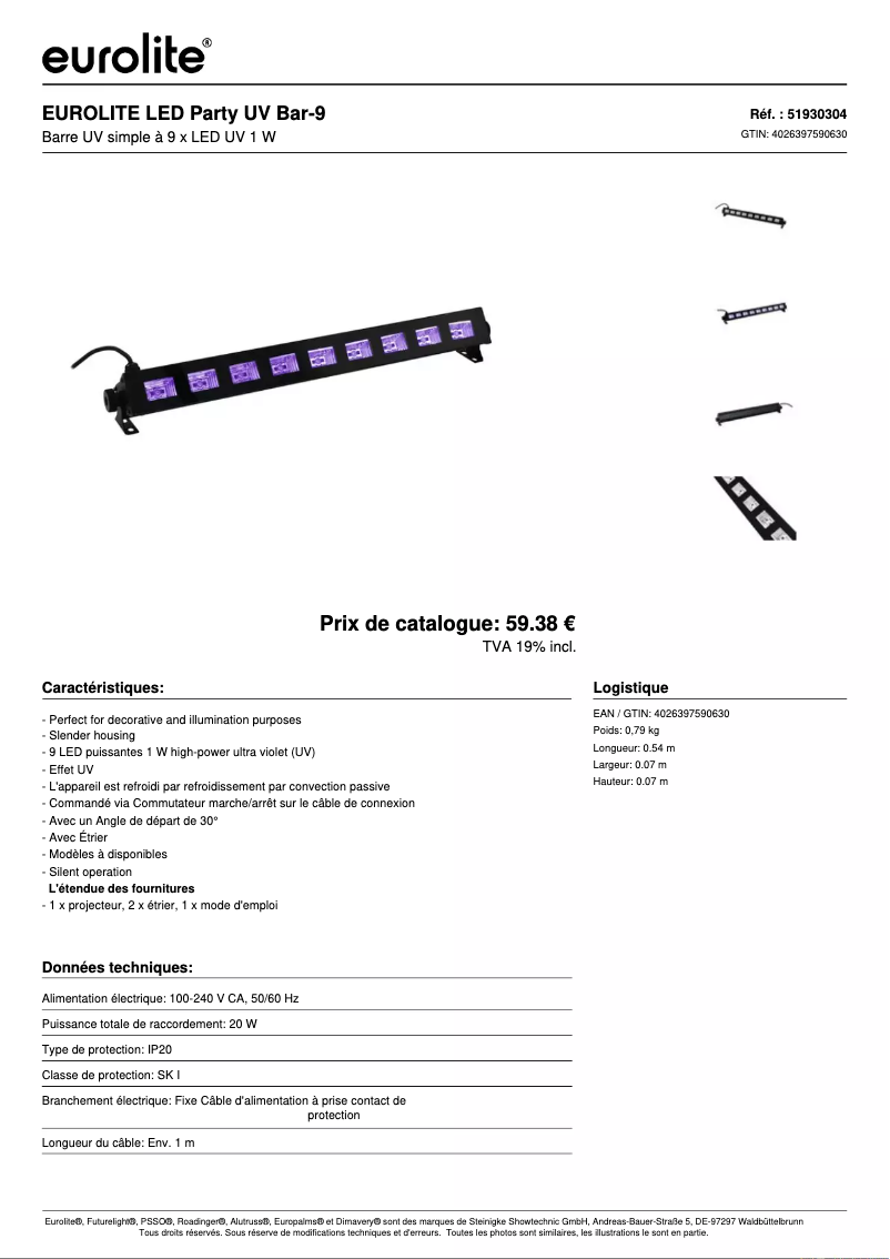 Page 1 de la notice Fiche technique Eurolite LED Party UV Bar-9