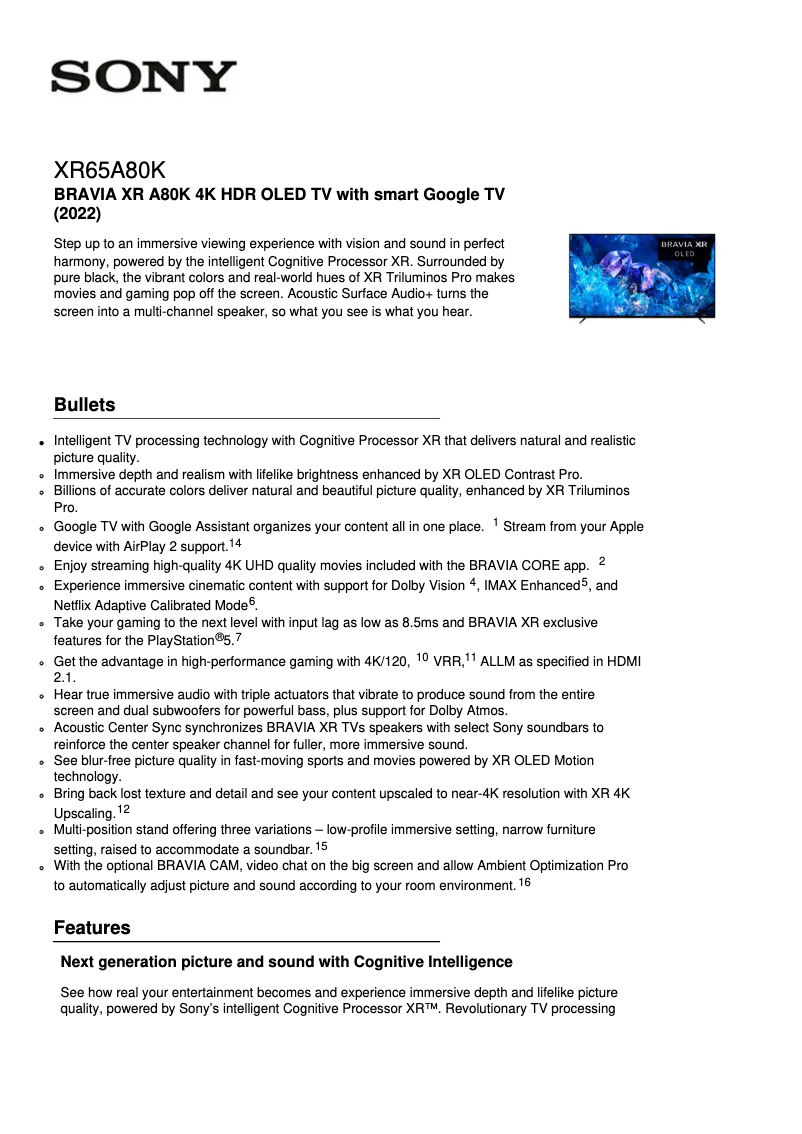 Page n°1 - Fiche technique Sony XR-65A80K