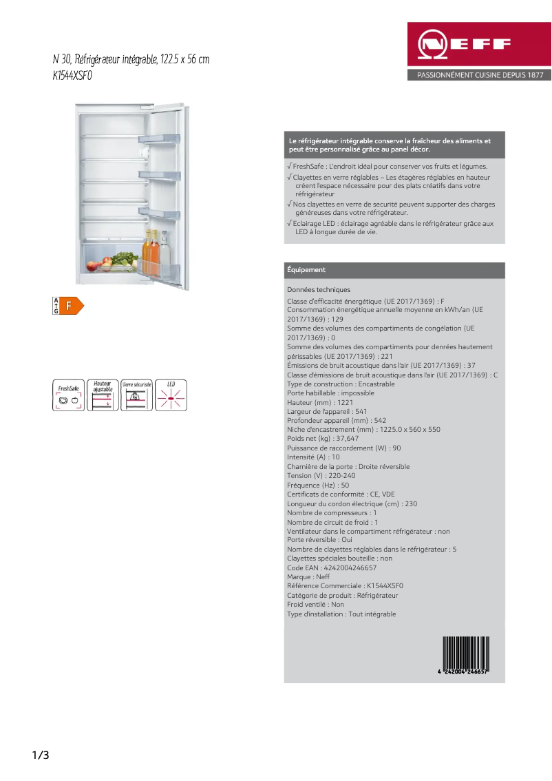 Page n°1 - Fiche technique Neff K1544XSF0