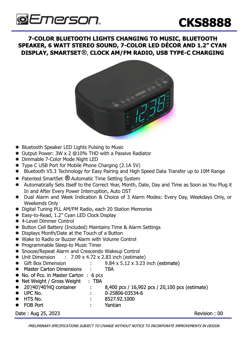 Page 1 de la notice Fiche technique Emerson SmartSet CKS8888