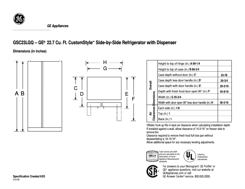 Page n°1 - Fiche technique GE CustomStyle GSC23LGQWW