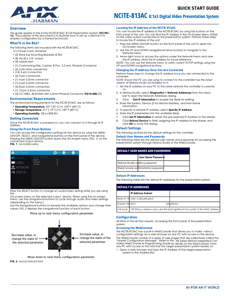 Page n°1 - Guide de démarrage rapide AMX NCITE-813A