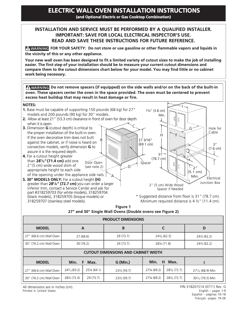 Page 1 de la notice Guide d'installation Frigidaire FEB27S6DS