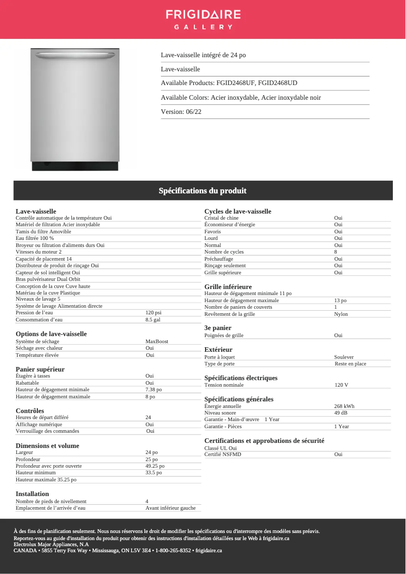 Page 1 de la notice Fiche technique Frigidaire FGID2468UF