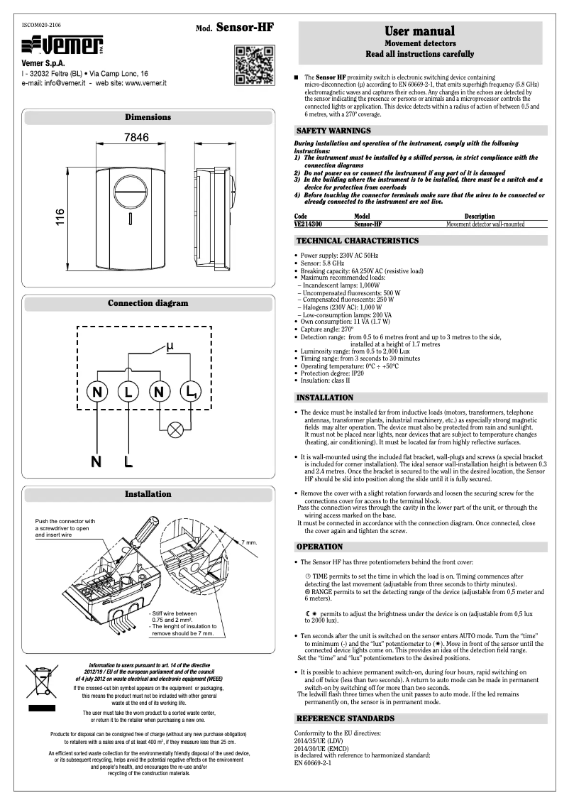 Página 1 del manual Manual de usuario Vemer Sensor HF