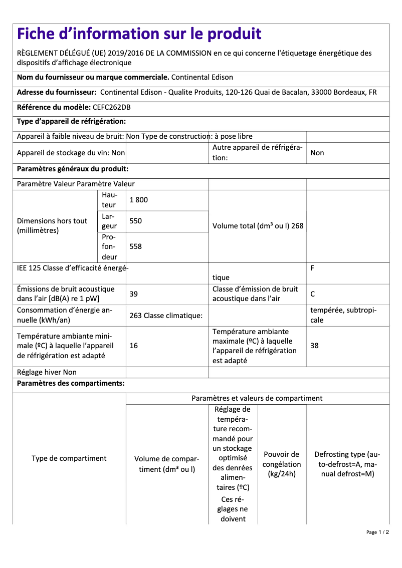Page n°1 - Label énergétique Continental Edison CEFC262DB