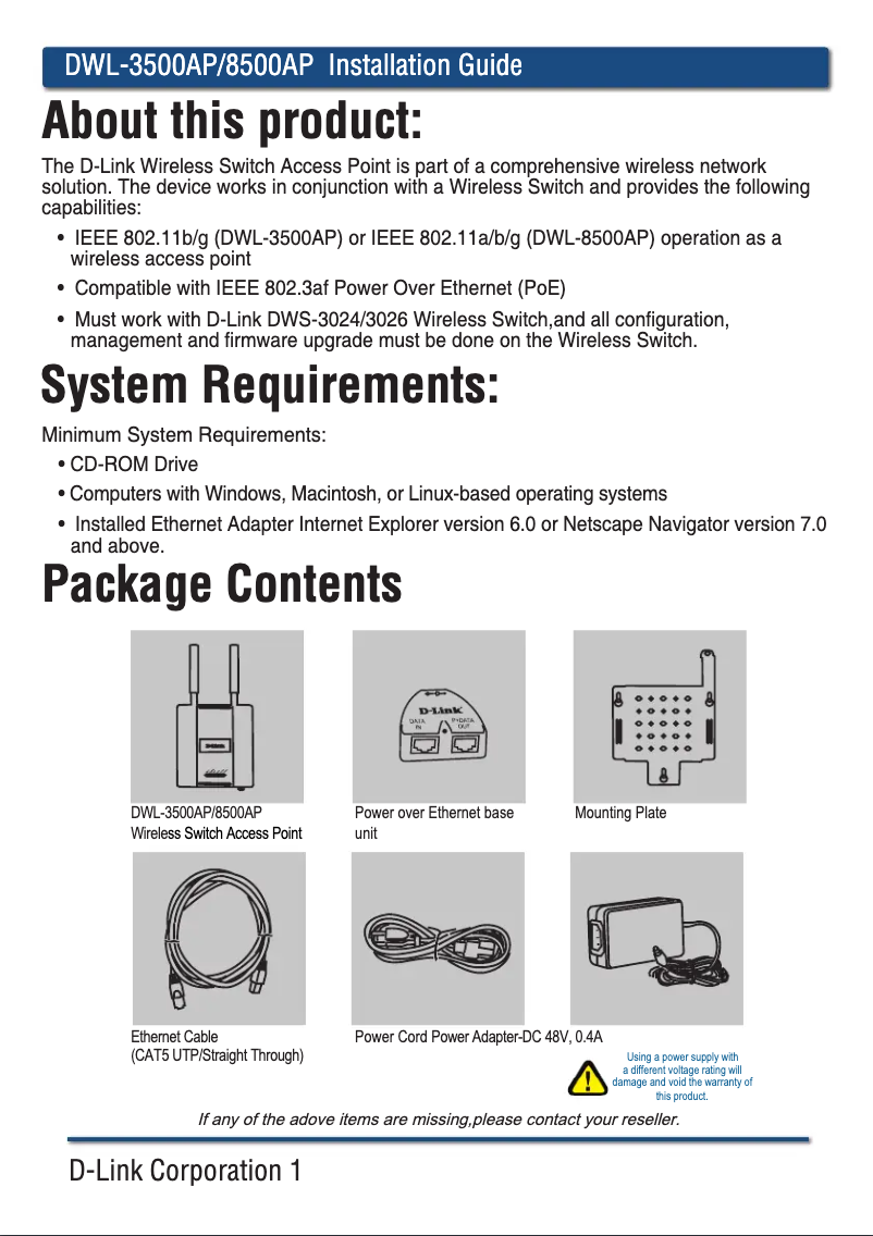 Page n°1 - Guide d'installation D-Link DWL-8500AP