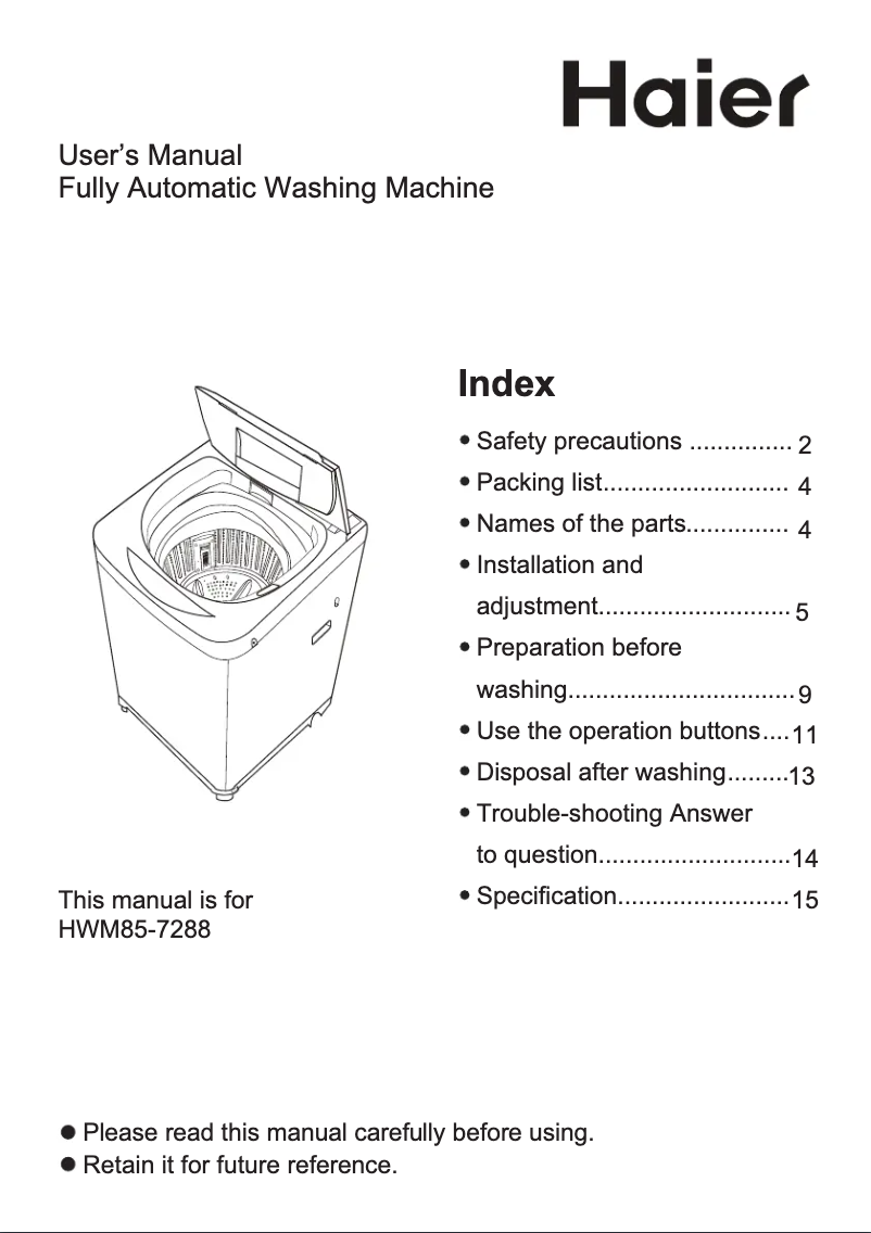 Image de la première page du manuel de l'appareil HWM 85-7288