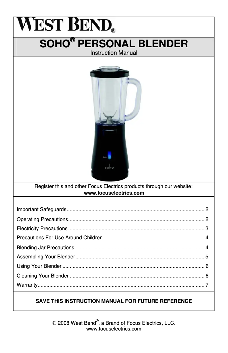 Page n°1 - Manuel utilisateur WestBend SHPB100