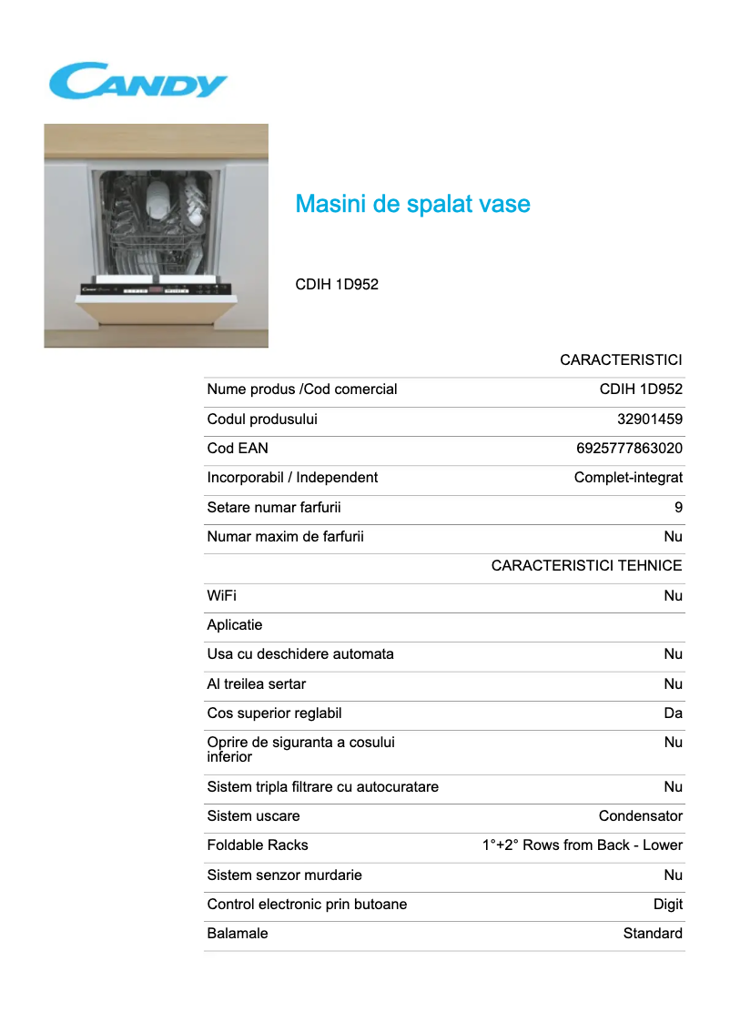 Page n°1 - Fiche technique Candy CDIH 1D952