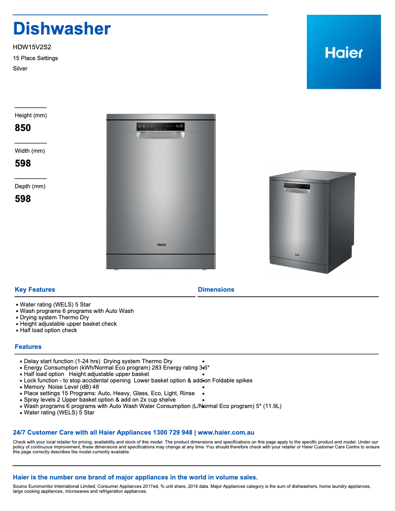 Page 1 de la notice Fiche technique Haier HDW15V2S2