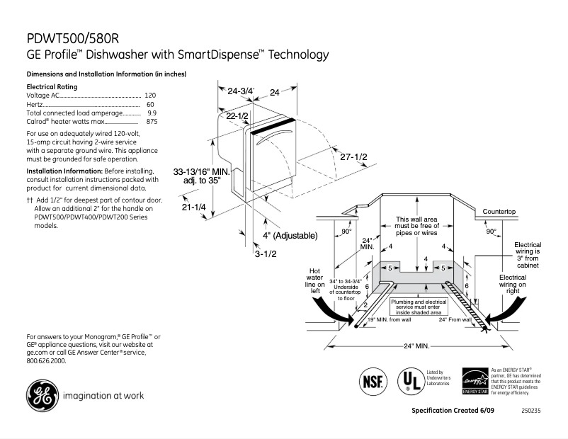Page n°1 - Fiche technique GE Profile PDWT500RWW