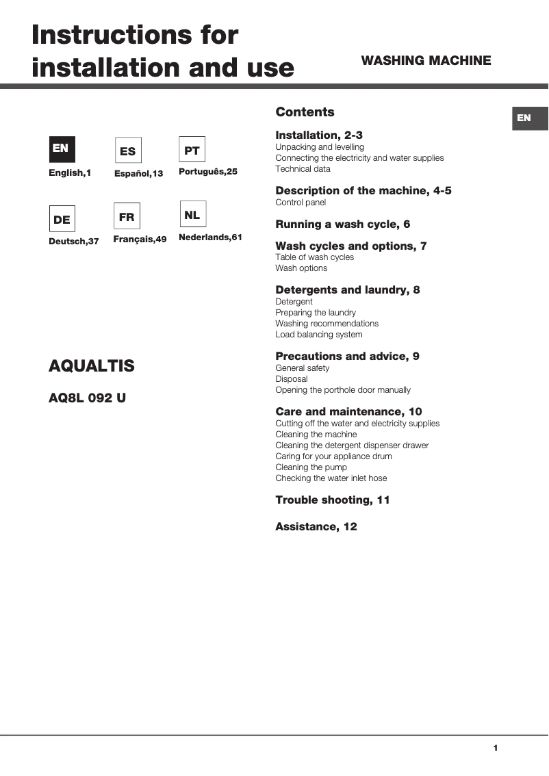 Image de la première page du manuel de l'appareil Aqualtis AQ8L 092 U (EU)