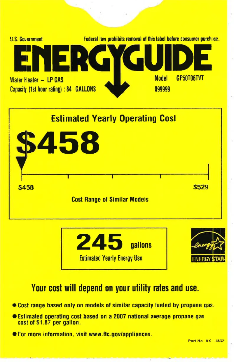 Page 1 de la notice Label énergétique GE GP50T06TVT