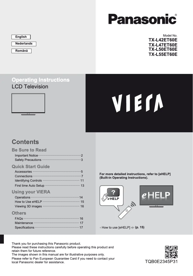 Page 1 de la notice Guide de démarrage rapide Panasonic Viera TX-L55ET60E