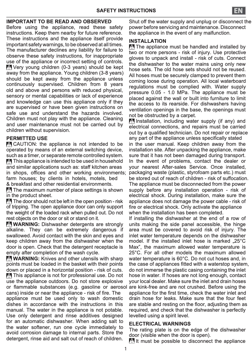 Page n°1 - Instructions de sécurité Indesit DIE 2B19 UK