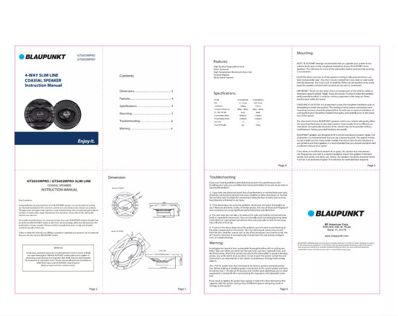 Page n°1 - Manuel utilisateur Blaupunkt GTS655MPRO