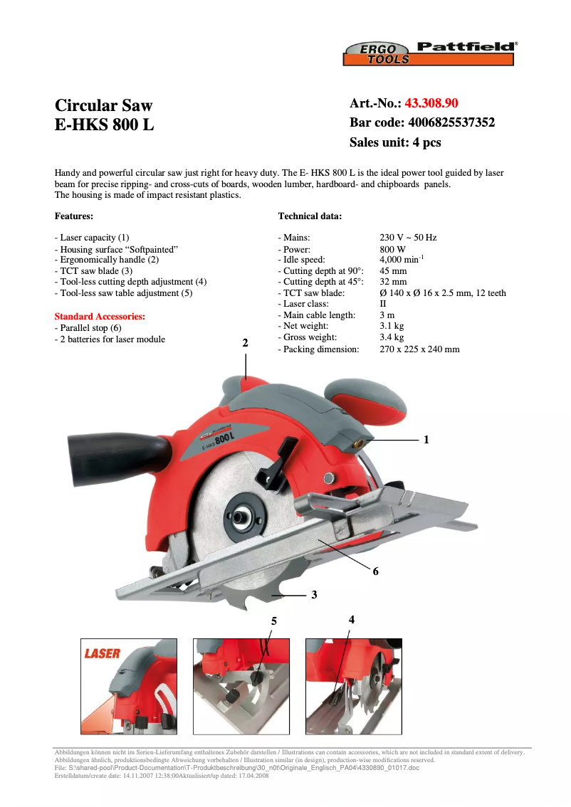 Page n°1 - Manuel utilisateur Ergotools Pattfield E-HKS 800 L