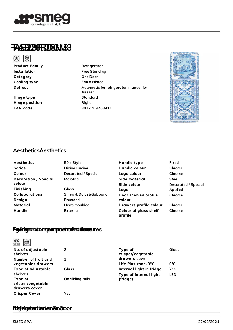 Page n°1 - Fiche technique Smeg FAB28RDGM3