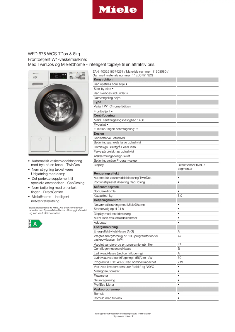 Page n°1 - Fiche technique Miele WED 675 WCS TDos & 8kg