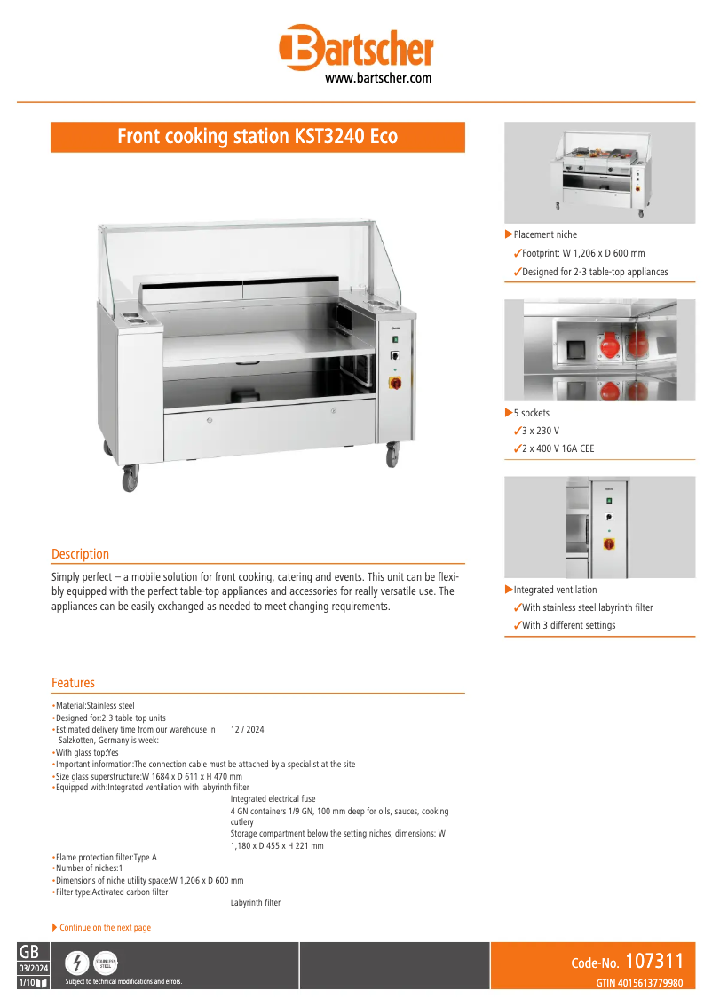Page 1 de la notice Fiche technique Bartscher KST3240 Eco