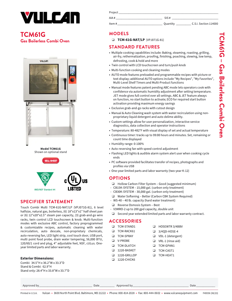 Page n°1 - Fiche technique Vulcan TCM-61G