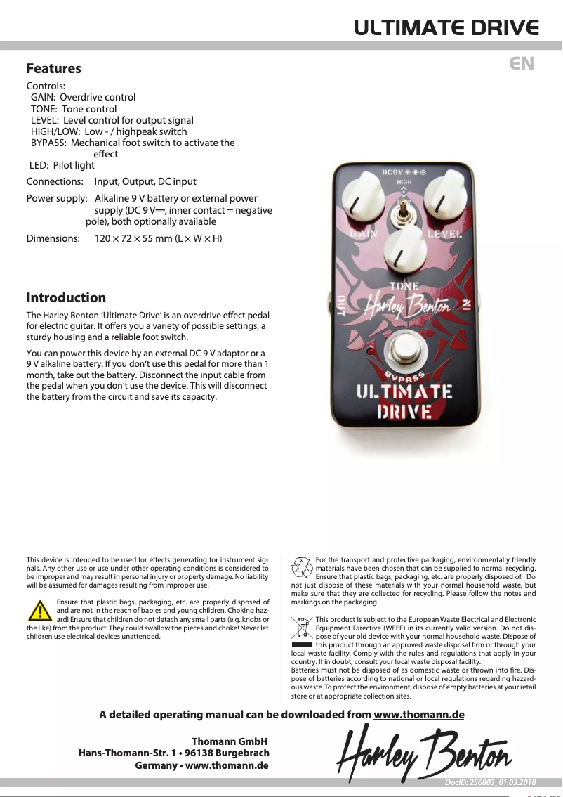 Page 1 de la notice Fiche technique Harley Benton Ultimate Drive