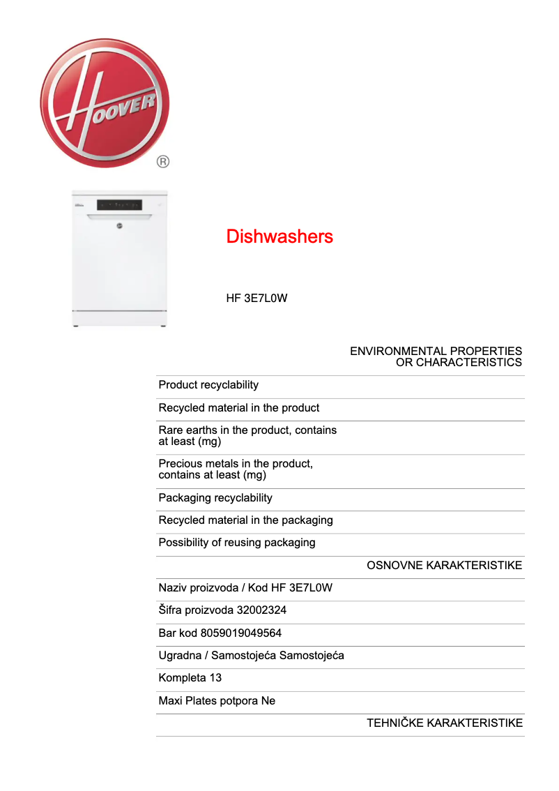 Page n°1 - Fiche technique Hoover HF 3E7L0W