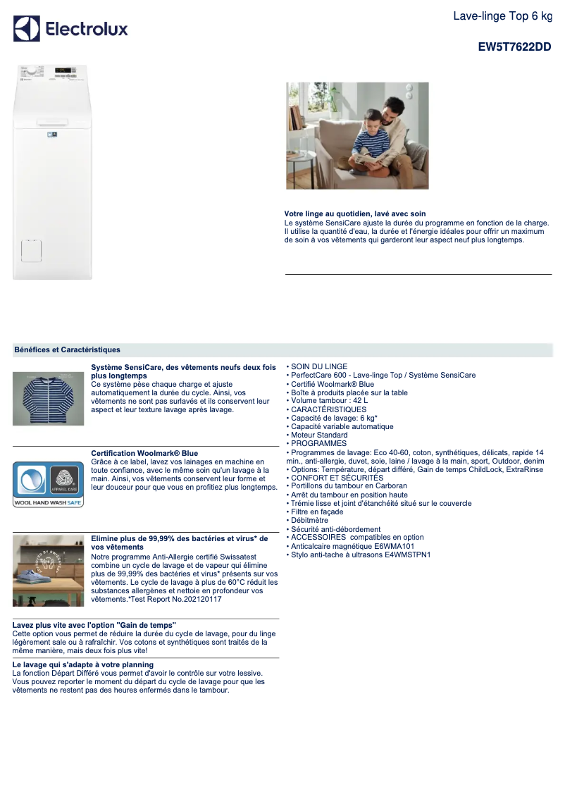 Page 1 de la notice Fiche technique Electrolux EW5T7622DD