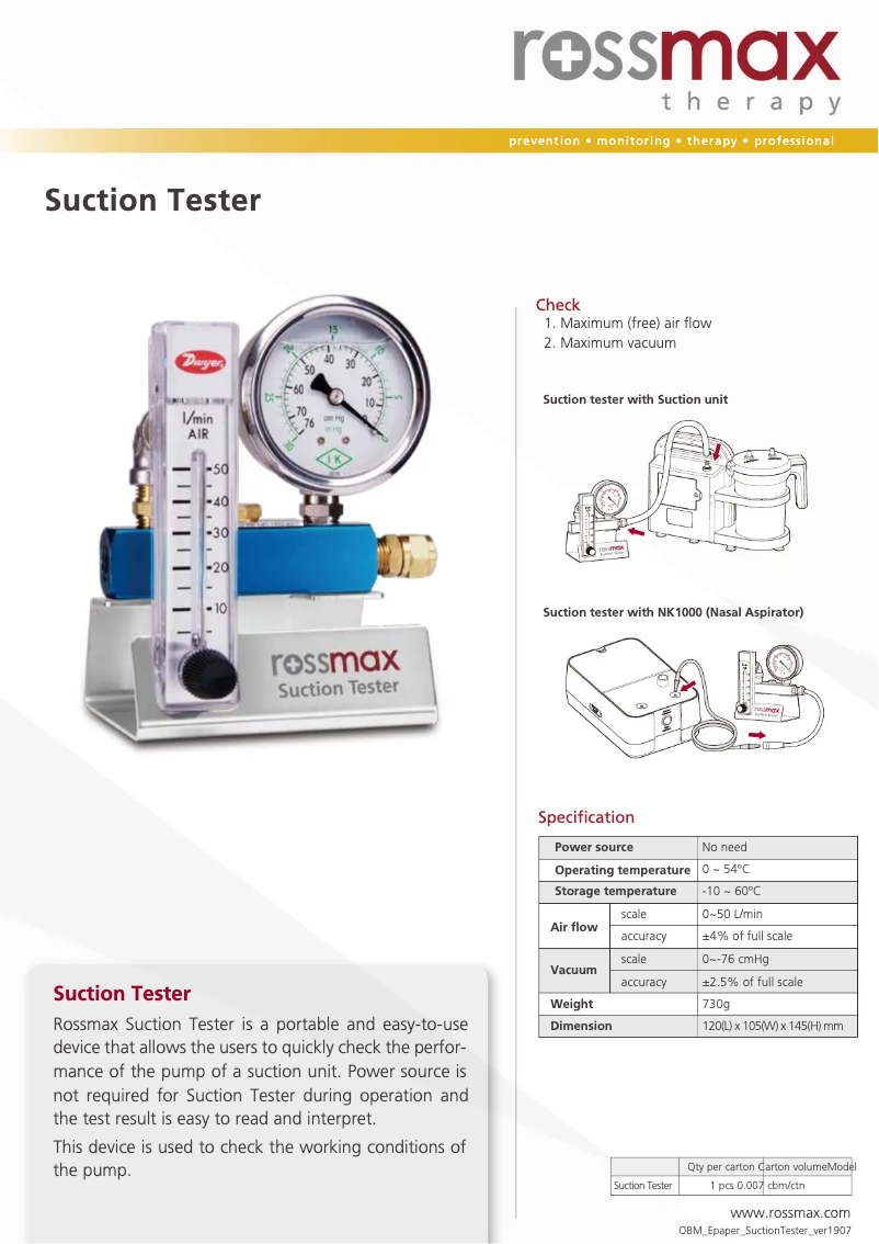 Página 1 del manual Folleto Rossmax Suction Tester