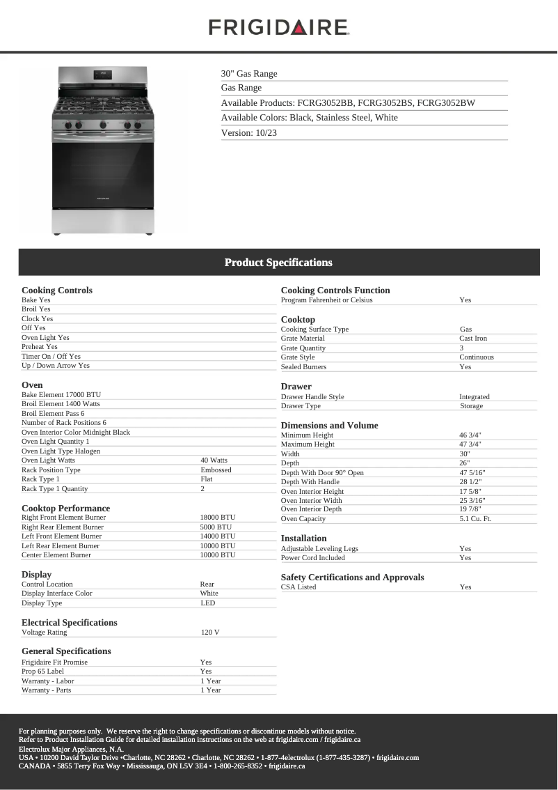 Page n°1 - Fiche technique Frigidaire FCRG3052BW
