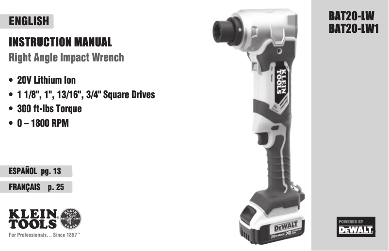 Page 1 de la notice Manuel utilisateur Klein Tools BAT20-LW