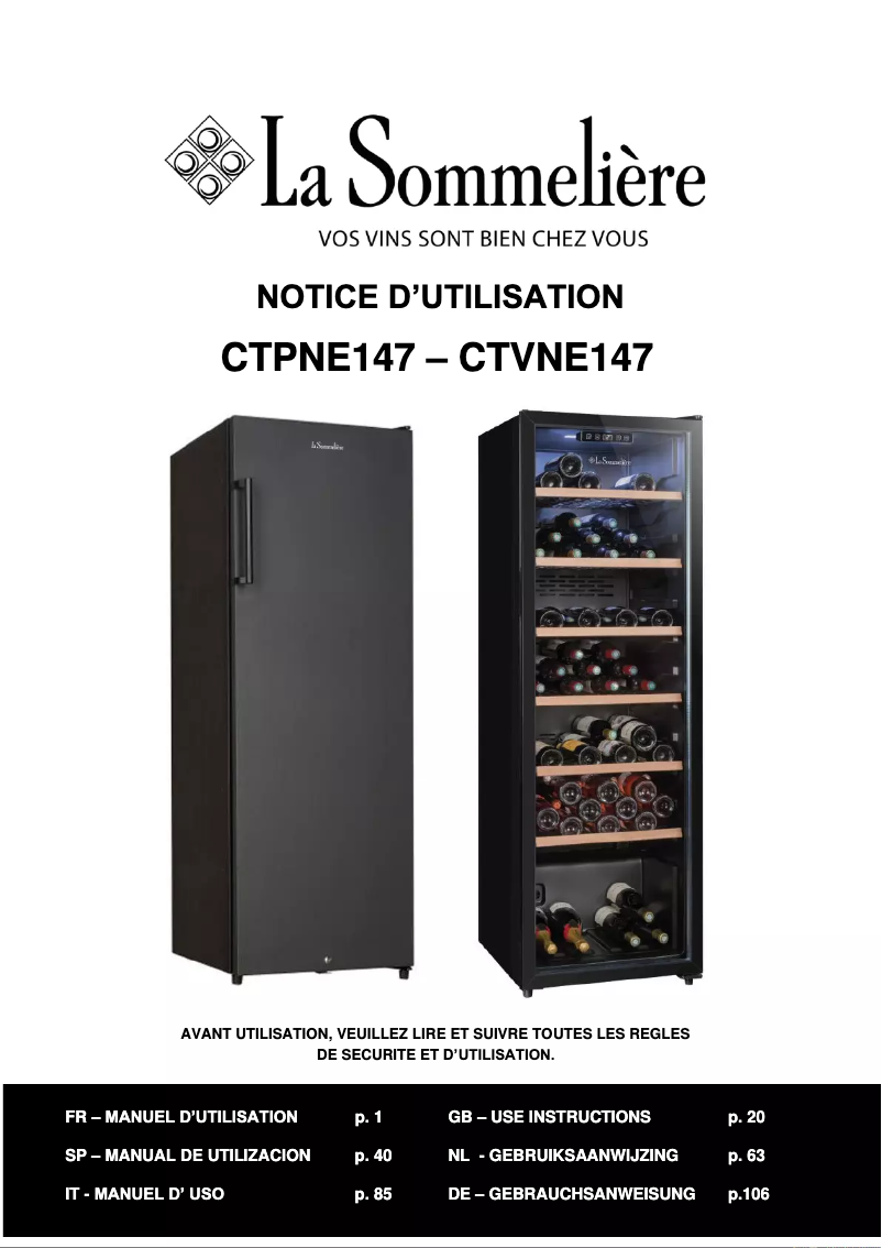 Page n°1 - Manuel utilisateur La Sommelière CTVNE147