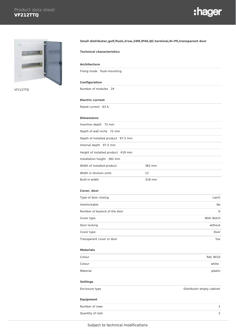 Page n°1 - Fiche technique Hager VF212TTQ