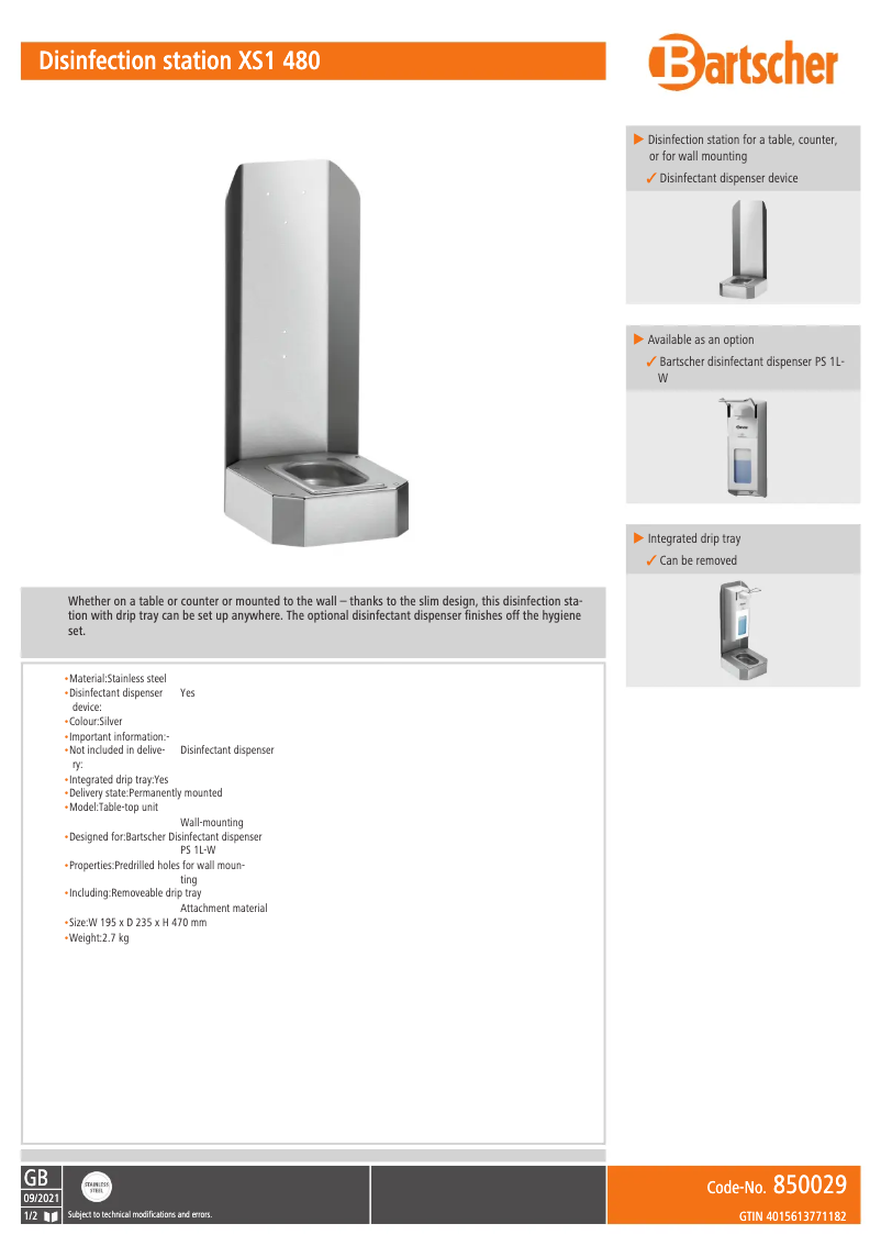 Page n°1 - Manuel utilisateur Bartscher XS1 480