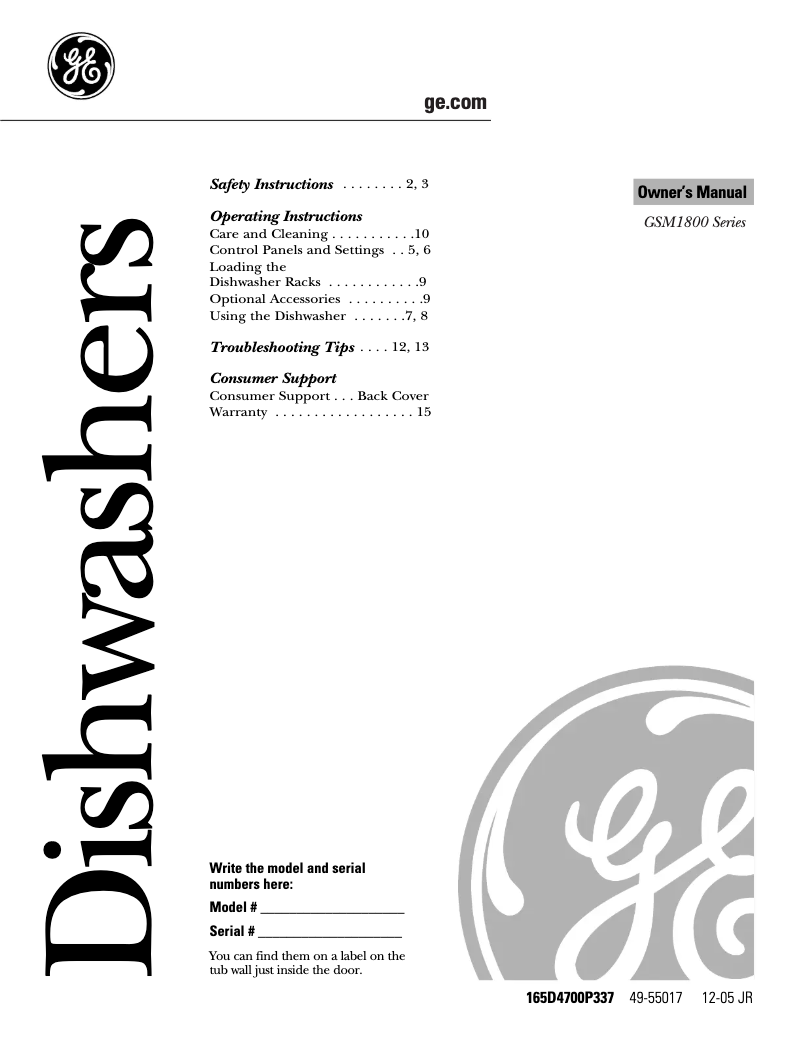 Page 1 de la notice Manuel d'utilisation et d'entretien GE GSM1860JSS