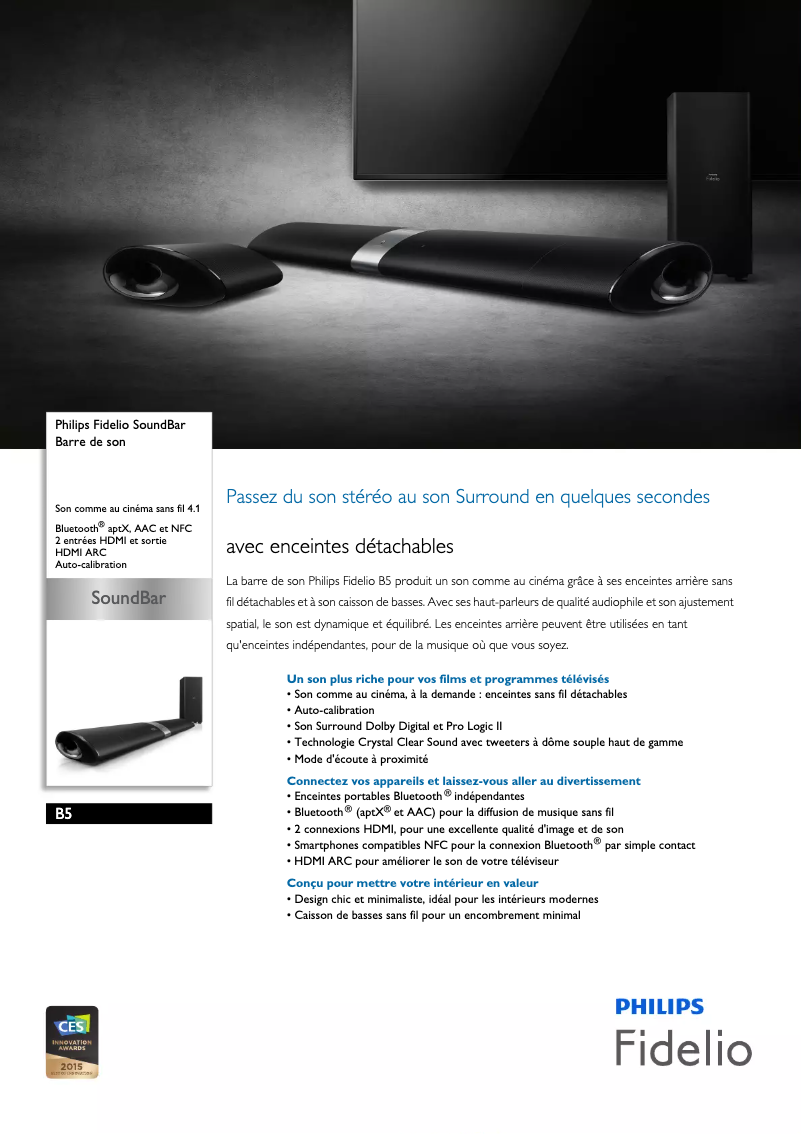 Page 1 de la notice Fiche technique Philips Fidelio SoundBar B5
