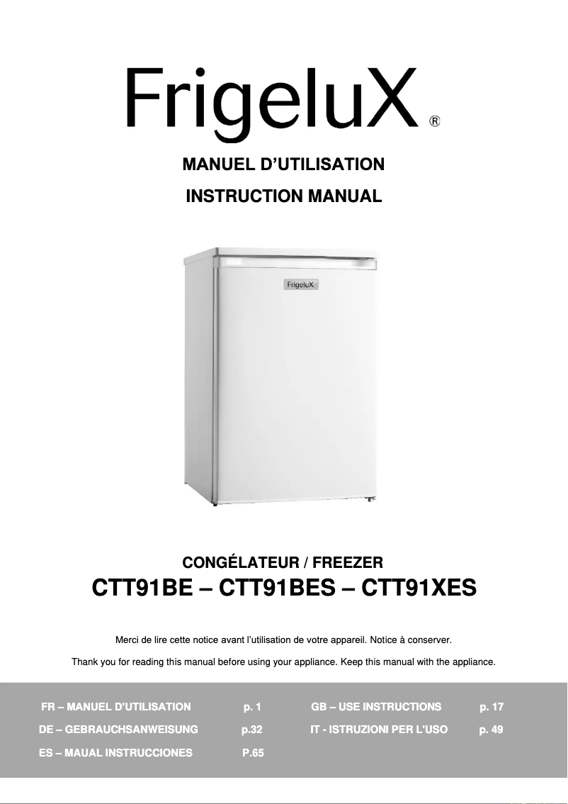 Page 1 de la notice Manuel utilisateur FrigeluX CTT91BE