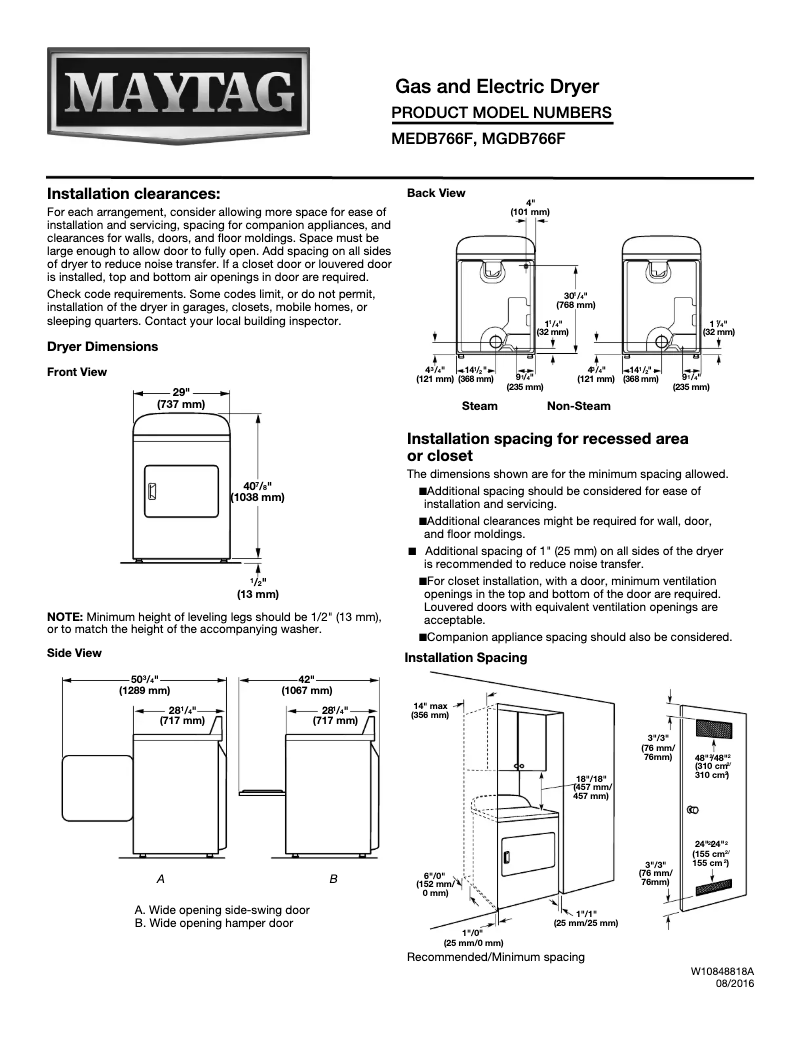 Page 1 de la notice Fiche technique Maytag MGDB766FW