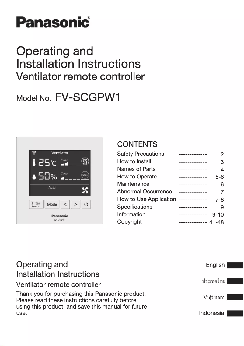 Page n°1 - Manuel utilisateur Panasonic FV-SCGPW1