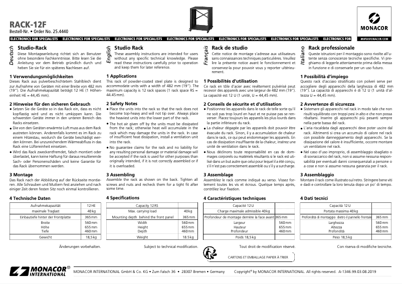 Page 1 de la notice Manuel utilisateur Monacor RACK-12F