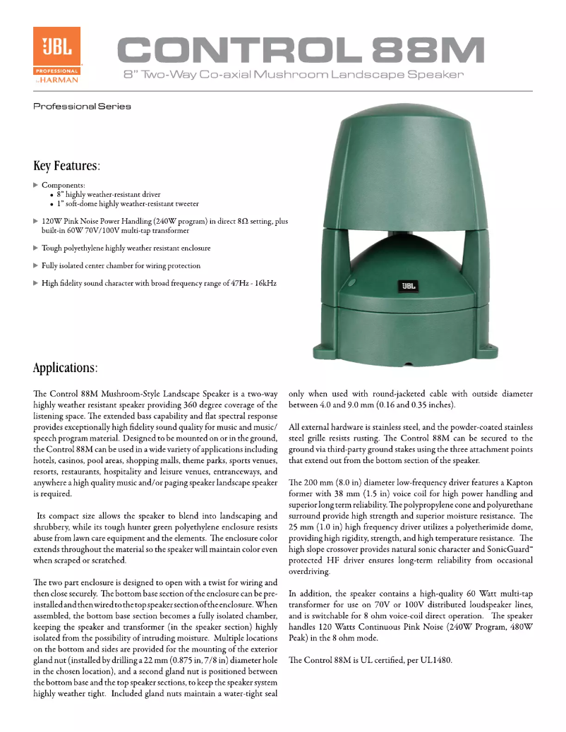 Page 1 de la notice Fiche technique JBL Control 88M