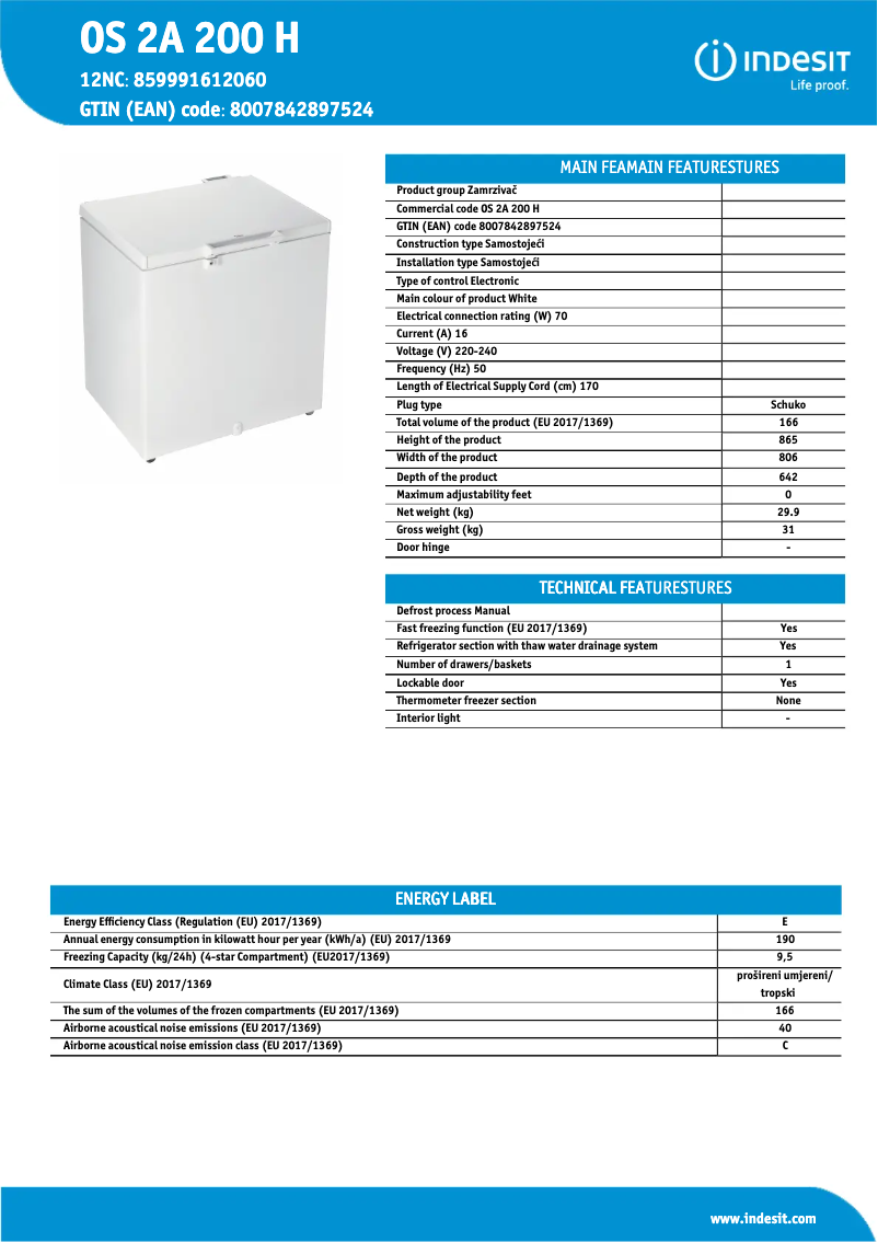 Page n°1 - Fiche technique Indesit OS 2A 200 H
