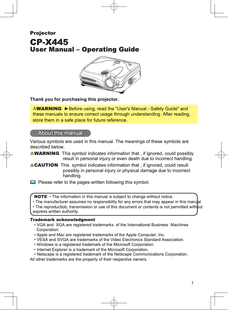 Image de la première page du manuel de l'appareil CP-X445