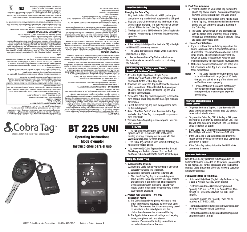 Page 1 de la notice Manuel utilisateur Cobra BT 225 UNI