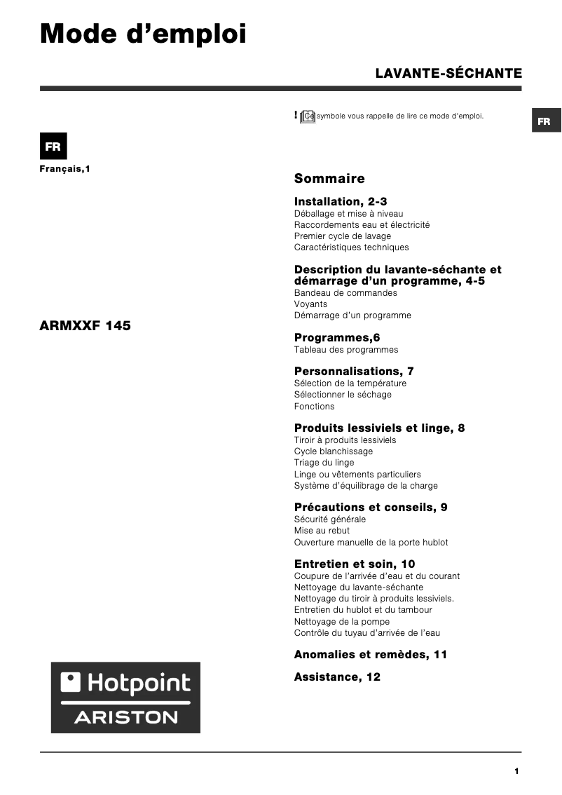 Page n°1 - Manuel utilisateur Hotpoint Ariston ARMXXF 145 (FR)